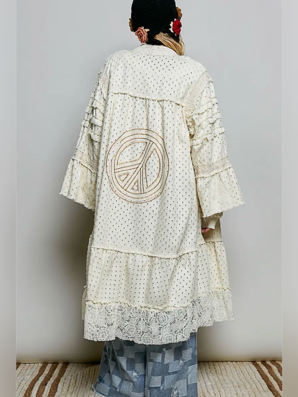 POL Cream Boho Lace Tiered Duster with Embroidered Peace Sign